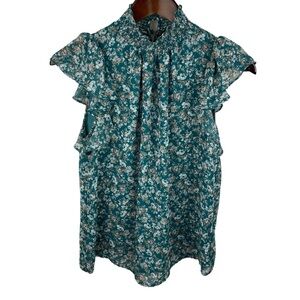 1.State | Green Floral High Neck Chiffon Top